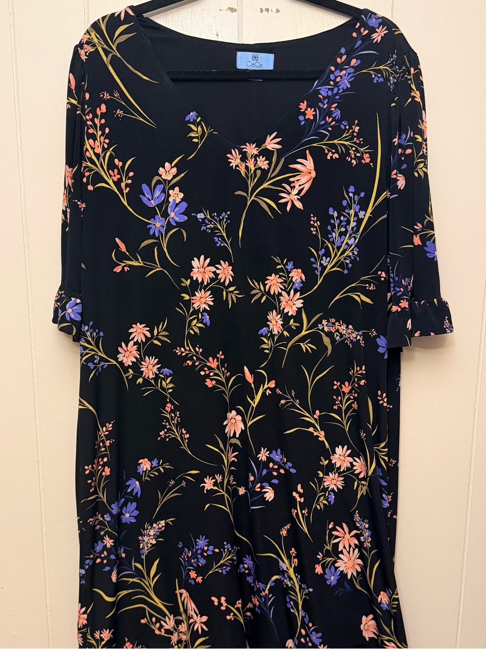 CeCe Black Floral V-Neck Midi Dress - Pink & Blue Floral Print